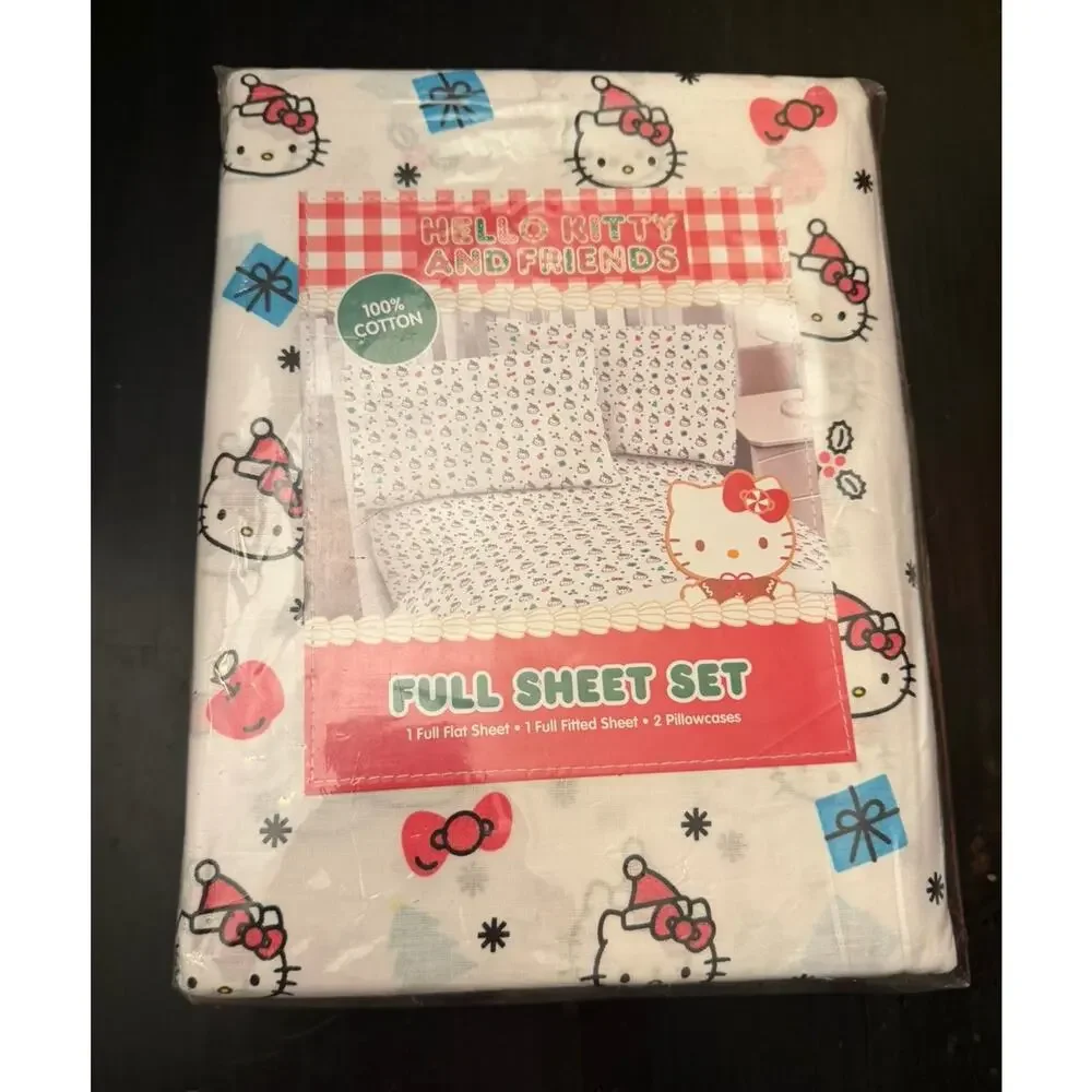 New! Sanrio’s Hello Kitty 4 Pc BOWS AND SANTA Full Sheet Set~100% Cotton
